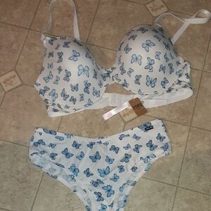 VS/PINK Blue Butterfly Print Bra and Panty Set